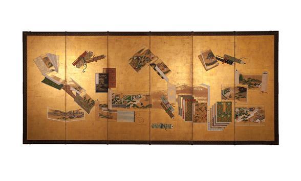 Paire de paravents à envol de rouleaux et livres illustrés - Enlarge image, modal window